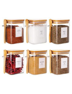 Set de 6 Tarros de Vidrio Cuadrados 0.8L con Tapa de Bambú y Cuchara