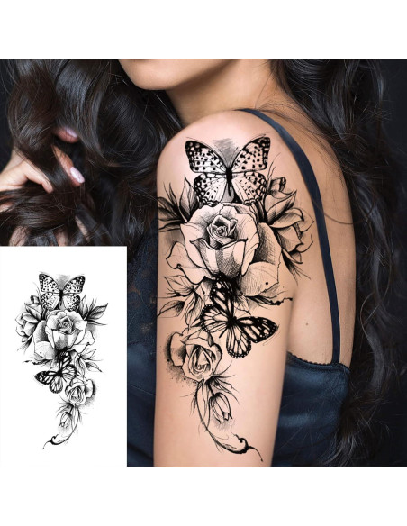 32 Pegatinas de Tatuaje Temporal Flor Rosa Negra Anrituo