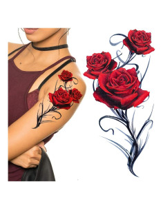 2 Hojas Tatuajes Temporales Rosa Roja Gótica 21x15cm Tatodays