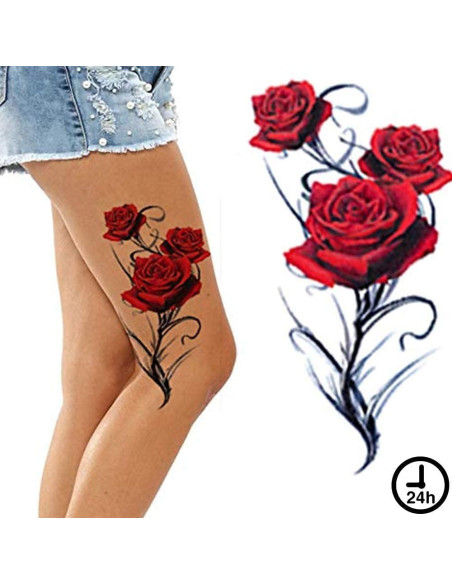 2 Hojas Tatuajes Temporales Rosa Roja Gótica 21x15cm Tatodays