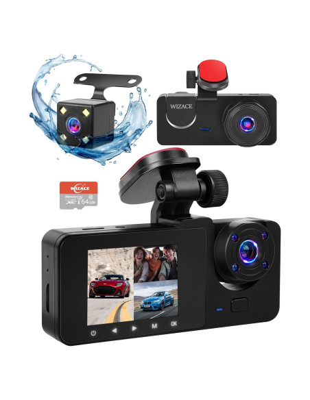 Cámara Dash WIZACE 1080P Triple con Tarjeta 64GB - Visión Nocturna