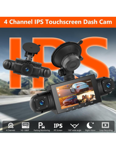 Cámara Dash 360 Podofo 4 Canales 1080P Pantalla 3"