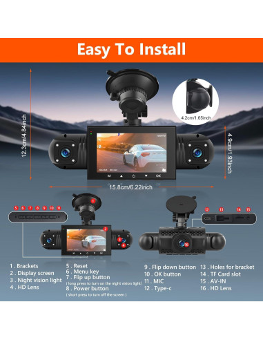 Cámara Dash 360 Podofo 4 Canales 1080P Pantalla 3"