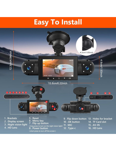 Cámara Dash 360 Podofo 4 Canales 1080P Pantalla 3"