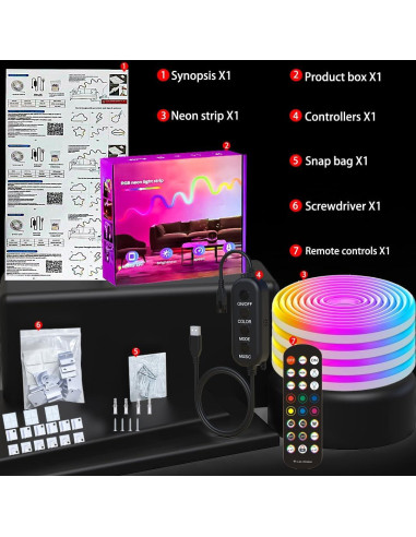 Luz de Neón LED USB JUNQOKW 2m RGB con Control Remoto y APP