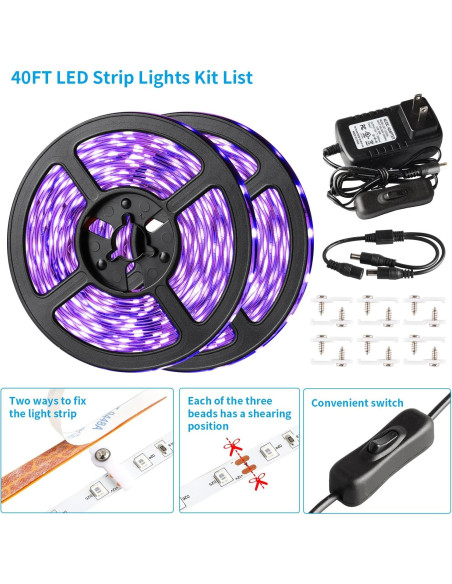 Cinta de luz negra LED YQNLIFA 12.19m 720 LEDs para fiestas