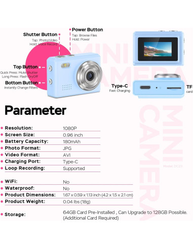 Mini Cámara Llave Dienspeak DC23 1080P 64GB Azul