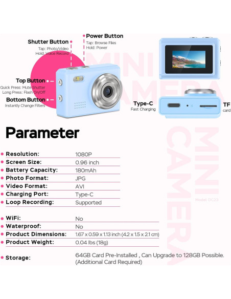Mini Cámara Llave Dienspeak DC23 1080P 64GB Azul