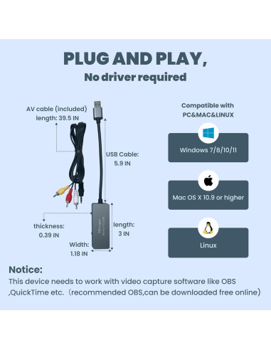 Tarjeta de Captura de Video USB WinRaybot 4K HDMI RCA