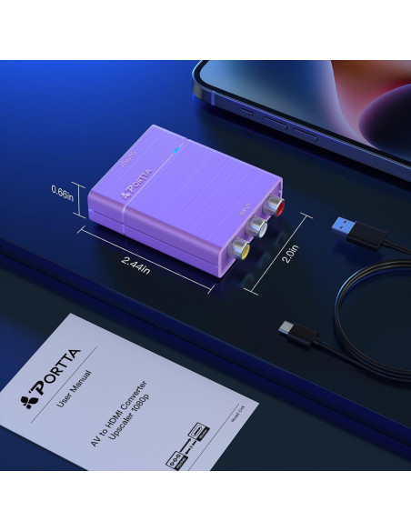 Convertidor RCA a HDMI Portta 1080P, Adaptador AV a Digital