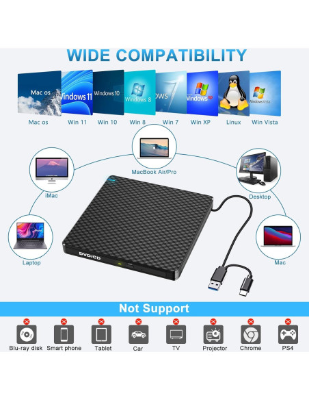 Unidad Externa de CD/DVD Guamar USB 3.0 Tipo C 5 en 1