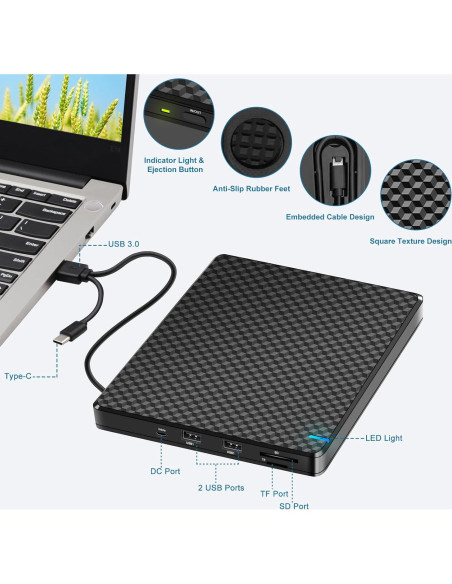 Unidad Externa de CD/DVD Guamar USB 3.0 Tipo C 5 en 1