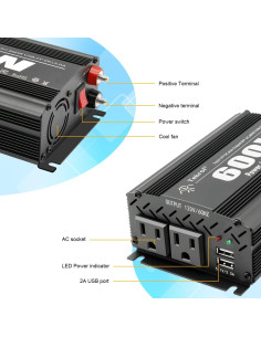Inversor de Potencia 600W TVNIKD DC 12V a AC 110V con 2 USB 2