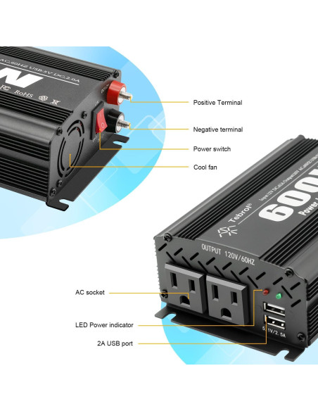 Inversor de Potencia 600W TVNIKD DC 12V a AC 110V con 2 USB