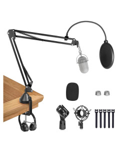 Brazo de micrófono OUKMIC ajustable con filtro antipop y clips