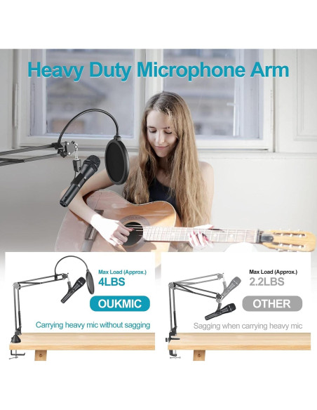 Brazo de micrófono OUKMIC ajustable con filtro antipop y clips