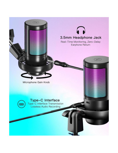 Micrófono Gaming USB Irosiy Cardioide RGB Plug & Play