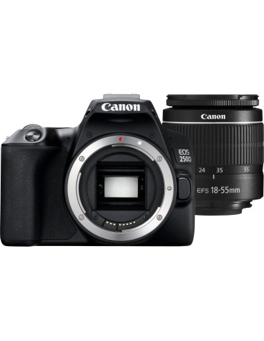 Cámara DSLR Canon EOS 250D con lente 18-55mm y accesorios