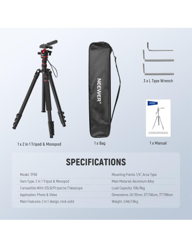 Trípode y Monopod NEEWER 77" Aluminio Ligero para DSLR