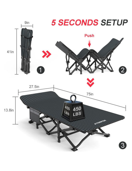 Cama de Camping Plegable ATORPOK con Cojín 204 kg 190.5x68.6 cm