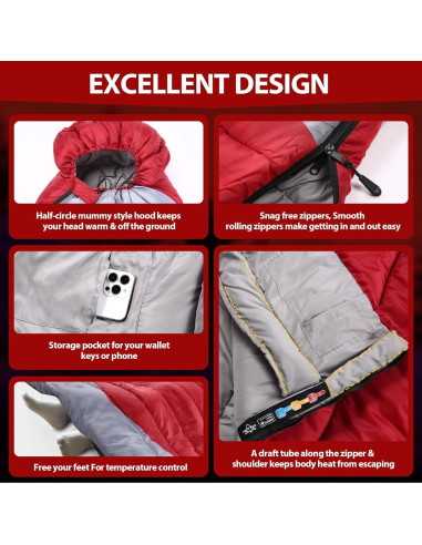 Saco de Dormir ETGLCOZY 4 Estaciones 220.9x85.1cm para Camping