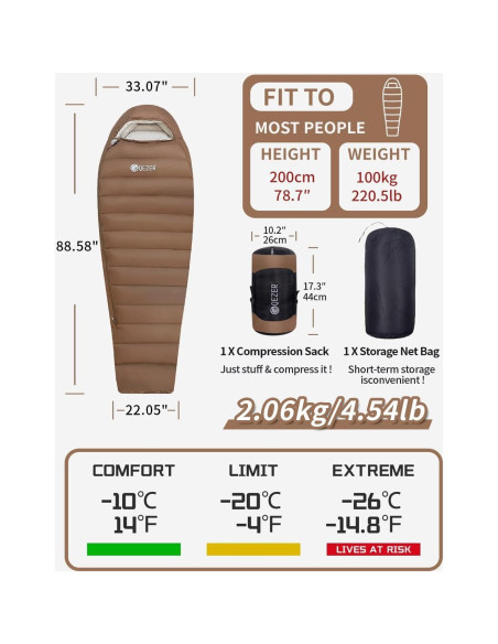 Saco de dormir QEZER 0 grados Momia Plumón 1.5 kg