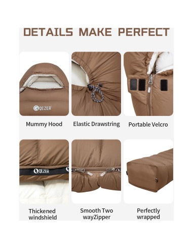 Saco de dormir QEZER 0 grados Momia Plumón 1.5 kg