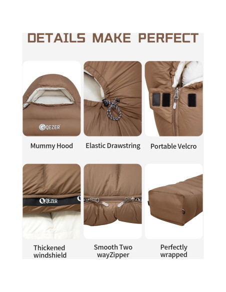 Saco de dormir QEZER 0 grados Momia Plumón 1.5 kg