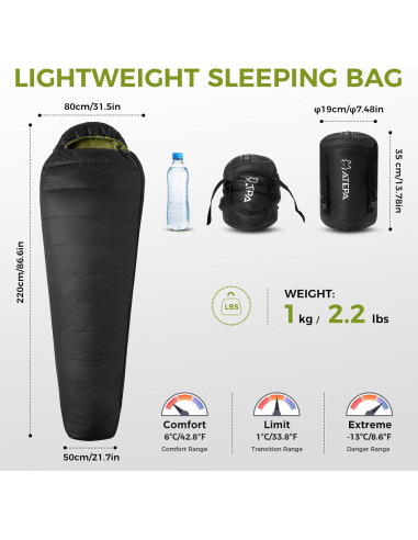 Saco de dormir ATEPA ELEMENTS 450 momia 1 kg impermeable