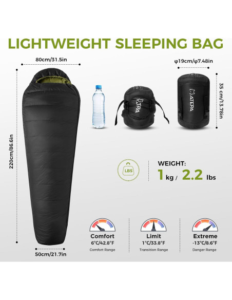Saco de dormir ATEPA ELEMENTS 450 momia 1 kg impermeable