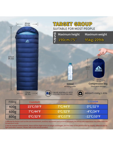 Saco de dormir ultraligero BUERTS 0C para camping y senderismo