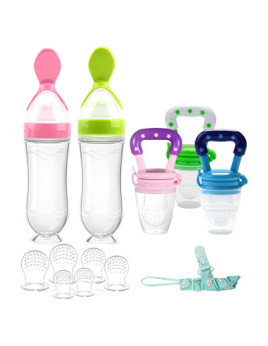 Alimentador de Comida para Bebé Welcoyo Rosa 3 Pcs + 6 Chupetes