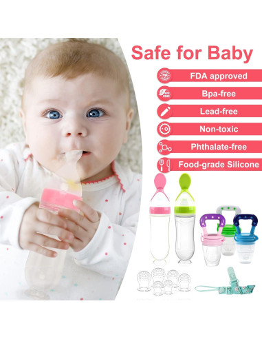 Alimentador de Comida para Bebé Welcoyo Rosa 3 Pcs + 6 Chupetes