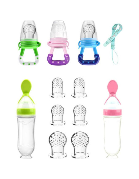Alimentador de Comida para Bebé Welcoyo Rosa 3 Pcs + 6 Chupetes