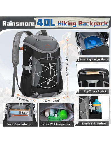 Mochila de Senderismo Plegable RAINSMORE 40L Impermeable Negra