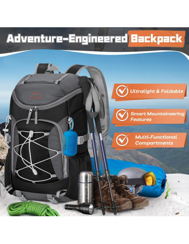 Mochila de Senderismo Plegable RAINSMORE 40L Impermeable Negra