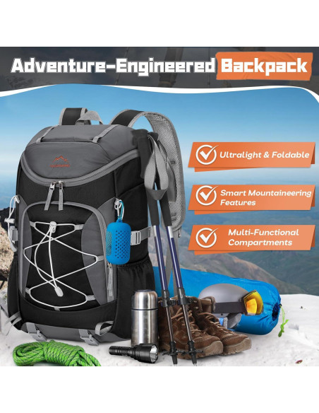 Mochila de Senderismo Plegable RAINSMORE 40L Impermeable Negra