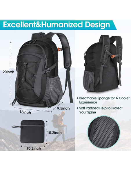 Mochila de Senderismo RAINSMORE 40L Impermeable Plegable