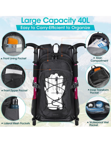 Mochila de Senderismo RAINSMORE 40L Impermeable Plegable