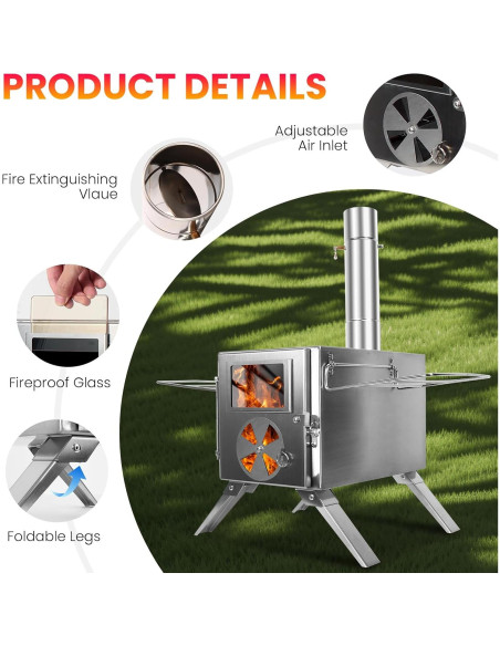 Estufa de Leña Portátil LAMA de Acero Inoxidable con Chimenea