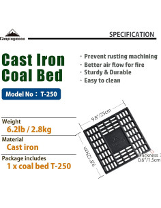 Rejilla de Carbón Campingmoon 25x25 cm Hierro Fundido 2