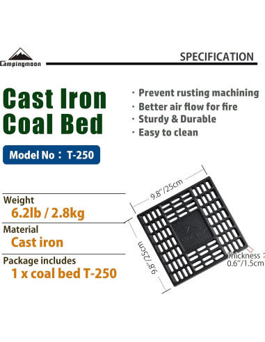 Rejilla de Carbón Campingmoon 25x25 cm Hierro Fundido