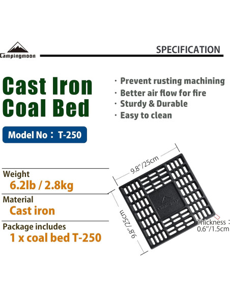 Rejilla de Carbón Campingmoon 25x25 cm Hierro Fundido
