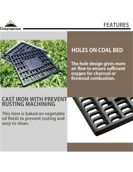 Rejilla de Carbón Campingmoon 25x25 cm Hierro Fundido