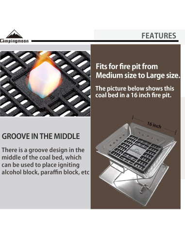 Rejilla de Carbón Campingmoon 25x25 cm Hierro Fundido