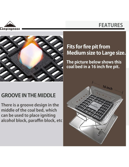 Rejilla de Carbón Campingmoon 25x25 cm Hierro Fundido