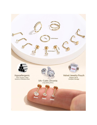 Anillos de Nariz JeryWe Oro 14K Hipoalergénico 20G - 12 Piezas