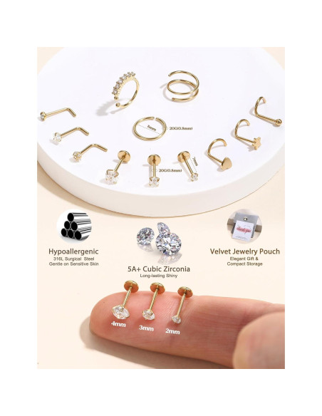 Anillos de Nariz JeryWe Oro 14K Hipoalergénico 20G - 12 Piezas