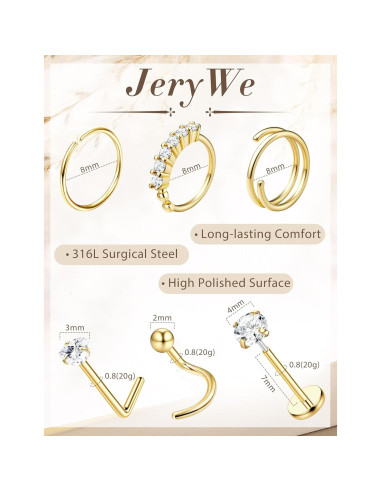 Anillos de Nariz JeryWe Oro 14K Hipoalergénico 20G - 12 Piezas