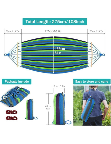 Hamaca de Camping MOSFiATA 250kg Tela Lona Antivuelco Azul Verde